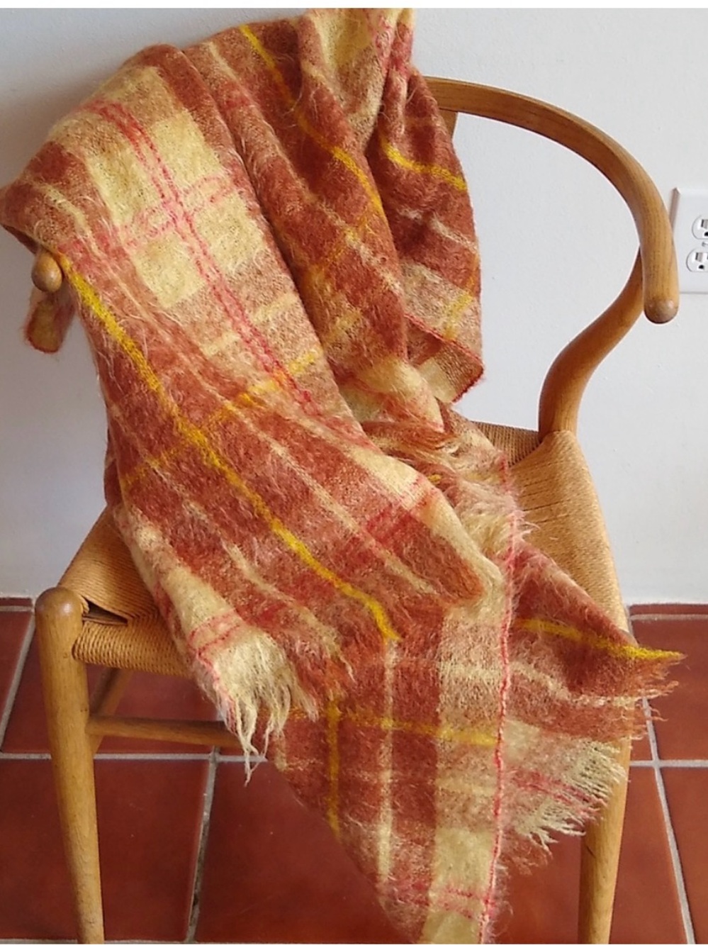 Vintage Mohair Plaid Hand-loomed in Scotland<Rust, Mustard & Cream Throw Blanket
